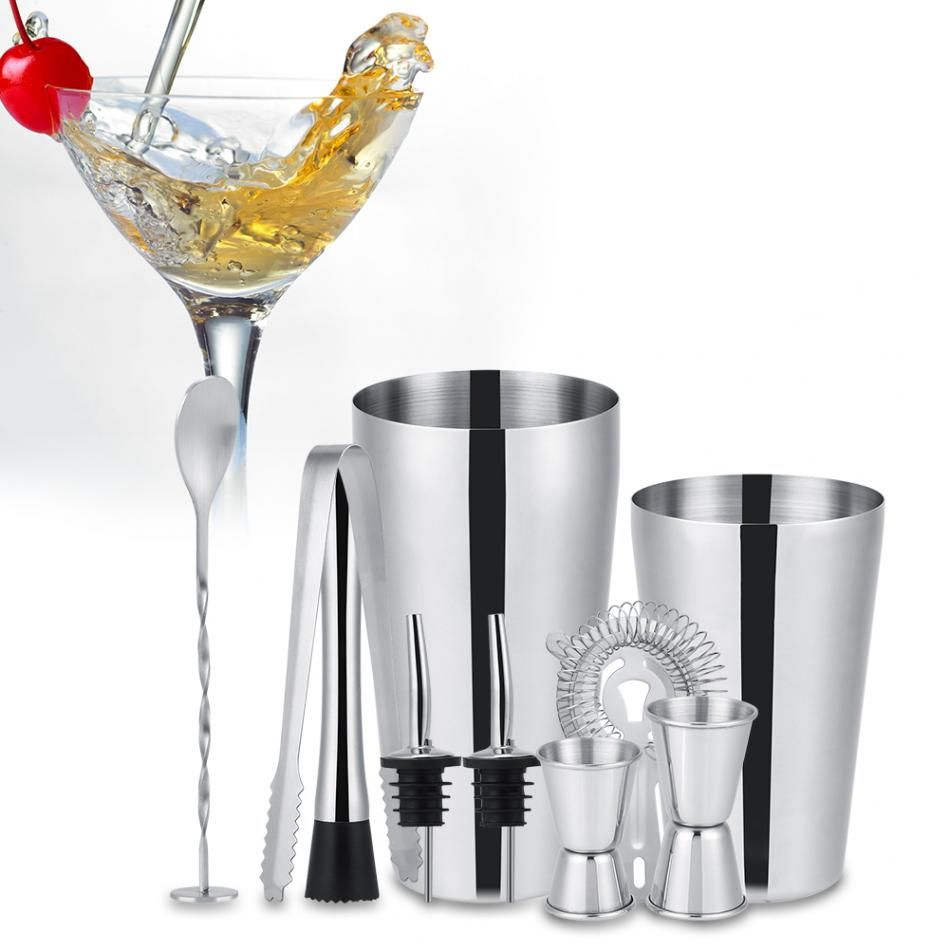 10-piece stainless steel cocktail set with 700ml shaker, bar accessories, silver