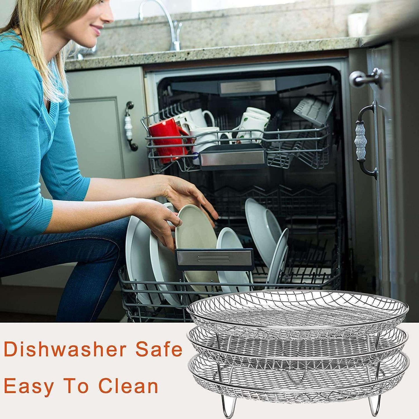 3pcs Air Fryer Basket Rack Stainless Steel Compartment, silver