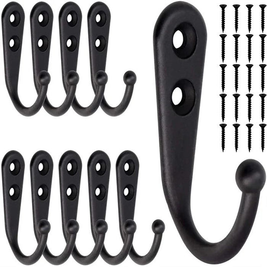 10pcs Black Wall Hooks with Screws, Coat Hangers