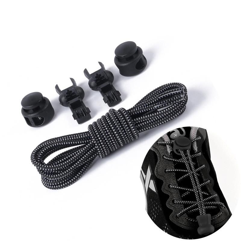 2 Elastic Lace Shoes with Drawstring, Solid Black