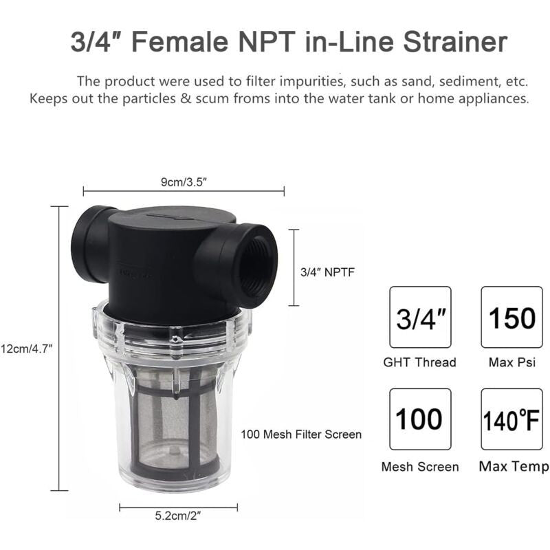 Water Pump Inline Filter with 100 Mesh Stainless Steel Strainer for Garden Watering, 0.75 Inch