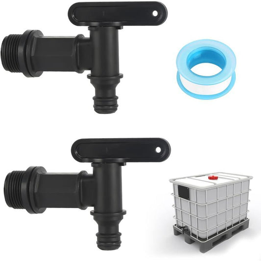 2 Pack Rain Tank Tap with PTFE Tape IBC Drain Tap Plastic Replacement Tap, 0.75 Inch