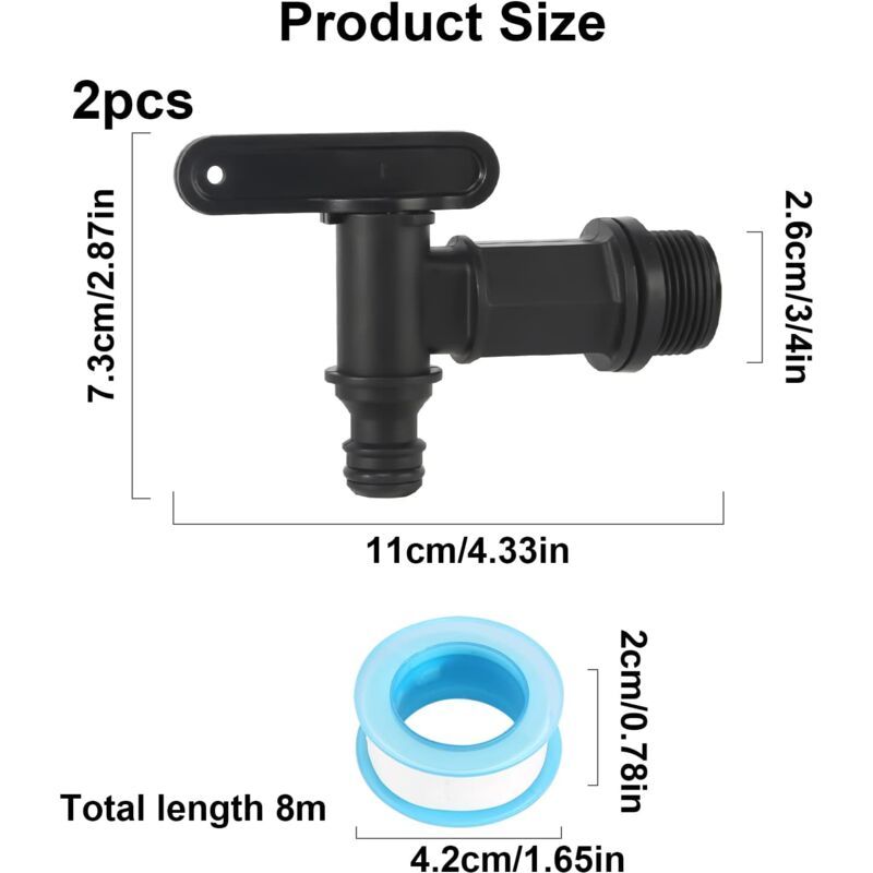 2 Pack Rain Tank Tap with PTFE Tape IBC Drain Tap Plastic Replacement Tap, 0.75 Inch
