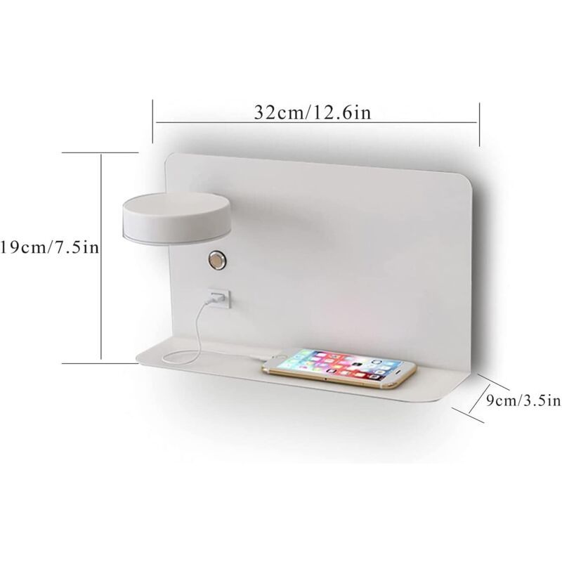 Left Side Adjustable LED Wall Light 12W with USB Charging Switch and 3 Color Temperatures, 330 Degree Rotation