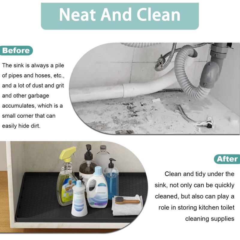 Waterproof Silicone Under Sink Mat Black Flexible Cabinet Liner with Drainage Hole, 34 x 22in