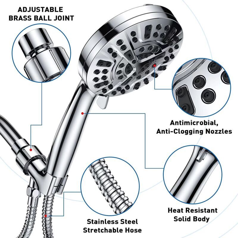 Square Shower Head with Hose Chrome 10 Mode Adjustable High Pressure Hand Shower, 1.5M Hose