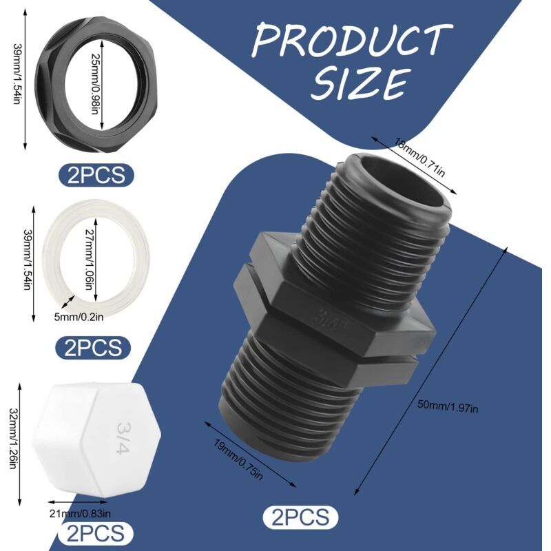Overflow Tank Bulkhead Nipple with Gasket for 1000 Liter Rain Tank, 25mm 0.75 Inch