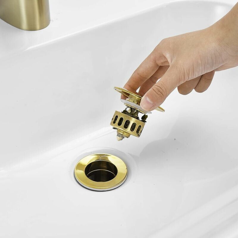 Gold Pop up Sink Drain Without Overflow, Drain Plug with Strainer Basket, Drain Waste for Bathroom Sink Brass