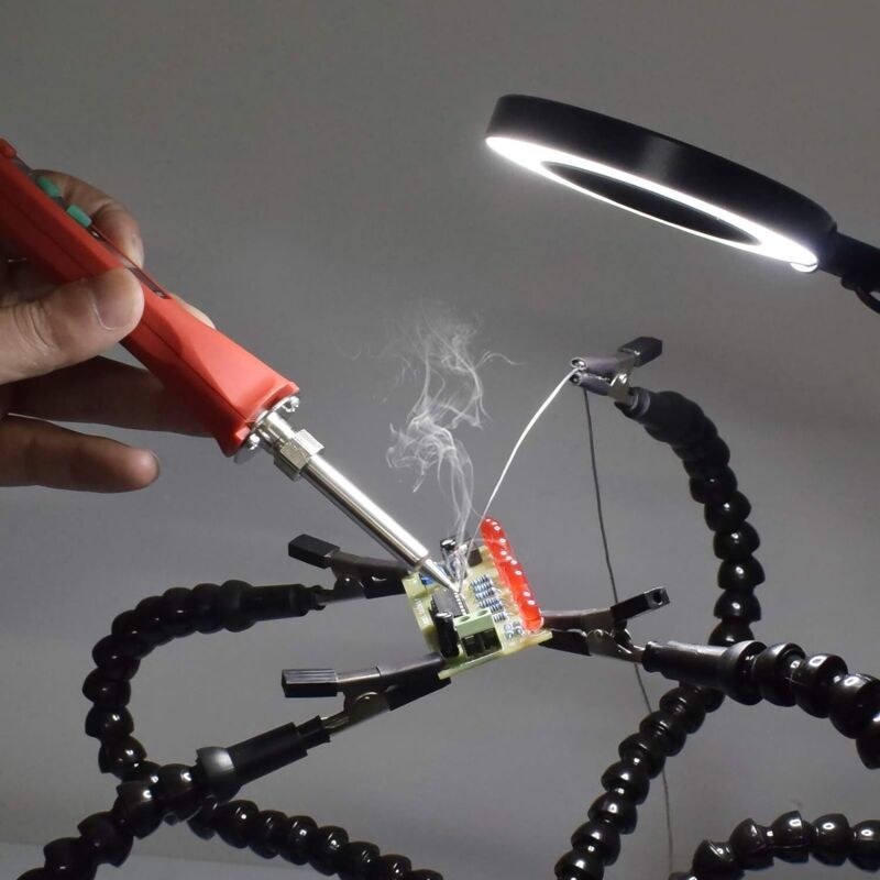 Helping Hands Soldering Third Hand PCB Holder with 5 Flexible Arms and 3 Adjustable Light Settings Magnifying Lamp