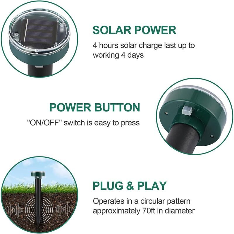 4 Pieces Solar Mole Repeller, Ultrasonic Pest Repeller Mole Control with IP65 Waterproof, Garden Mole Repellent Mole Repellent