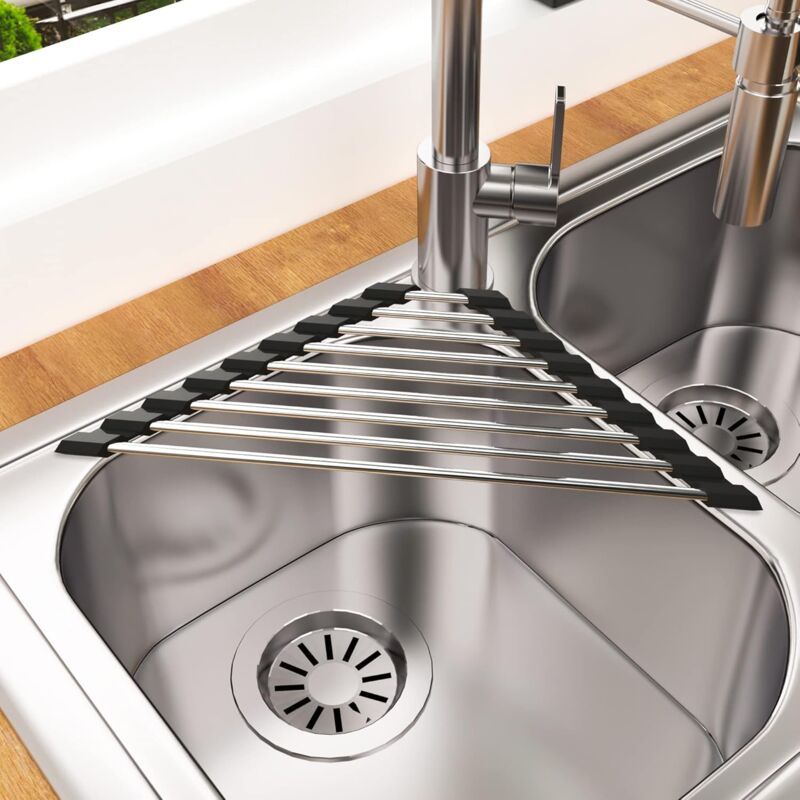 2 Pieces Sink Dish Drainer Black Foldable Removable Stainless Steel Sink Roller Drainer Triangular, 41CM, 15CM
