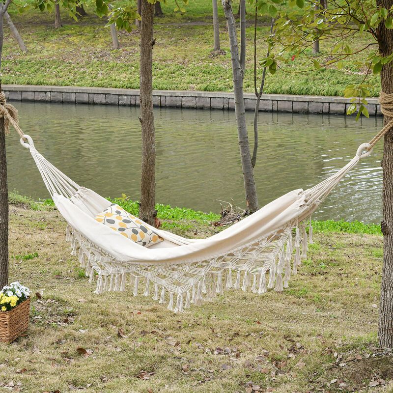 Portable Travel Hammock Bohemian Chic Style Hammock Canvas Total Dimensions 2.88L X 1.5l M Cotton Polyester Beige