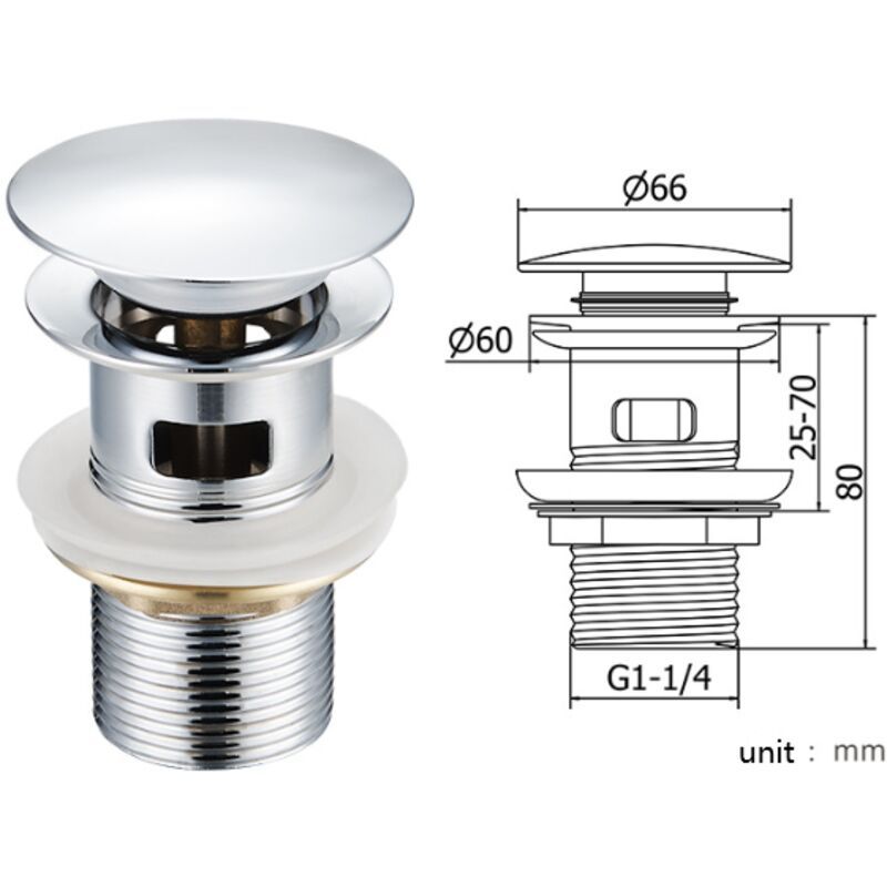 Basin Drain with Overflow Hole Stainless Steel Lid, Stainless Steel Body, Copper Nut, Copper Movement