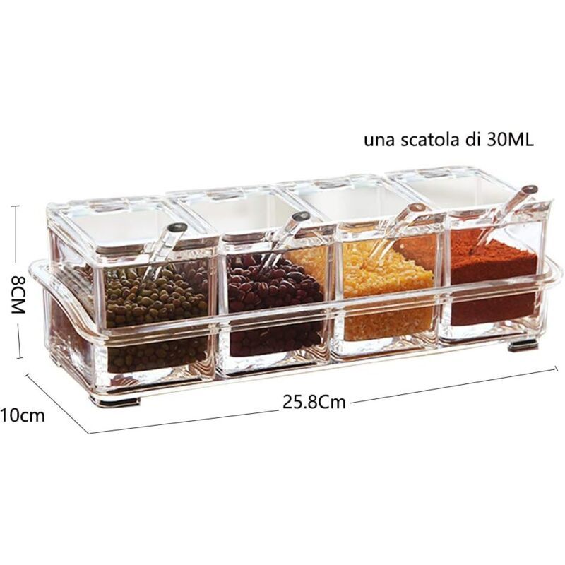 4 Pieces Kitchen Transparent Acrylic Condiment Box Four inch one Spice Jars with Spoons and Condiment Containers, Kitchen Utensils