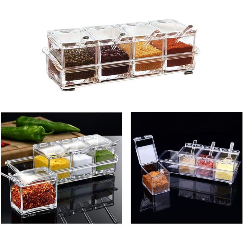 4 Pieces Kitchen Transparent Acrylic Condiment Box Four inch one Spice Jars with Spoons and Condiment Containers, Kitchen Utensils