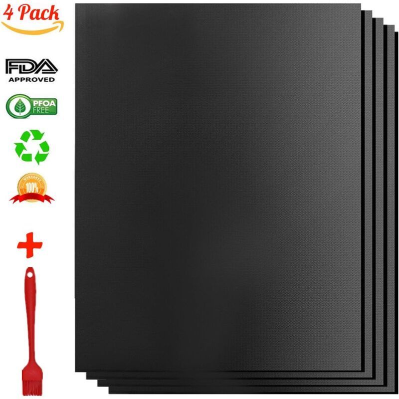 4 Pack Lid for Barbecue and Plancha Grill Mat for Barbecue and Oven, Non Stick Reusable and Cleanable Barbecue Mat, Charcoal, 330 x 400 x 0.2 mm