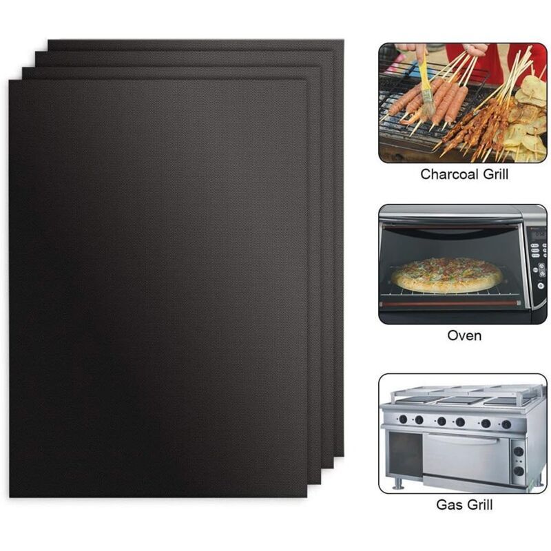 4 Pack Lid for Barbecue and Plancha Grill Mat for Barbecue and Oven, Non Stick Reusable and Cleanable Barbecue Mat, Charcoal, 330 x 400 x 0.2 mm