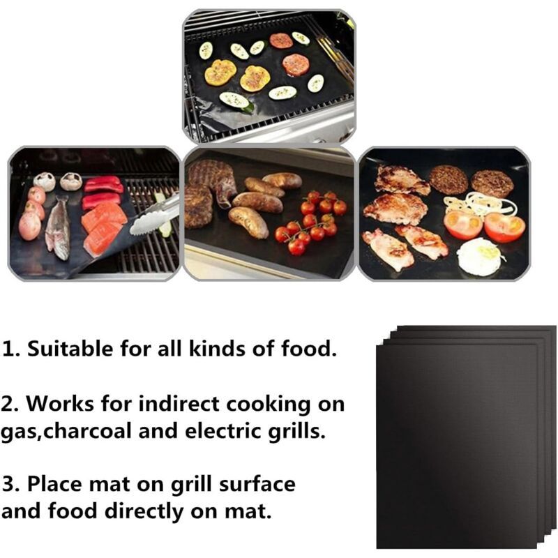 4 Pack Lid for Barbecue and Plancha Grill Mat for Barbecue and Oven, Non Stick Reusable and Cleanable Barbecue Mat, Charcoal, 330 x 400 x 0.2 mm
