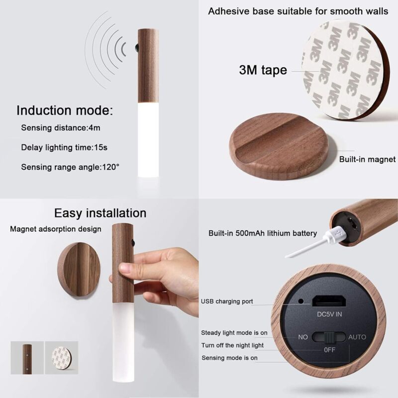 Lighting Wood Wall Light Battery LED Children s Night Light Wireless Motion Sensor Portable Vintage Closet Lamp USB Rechargeable Magnetic Night Lamp