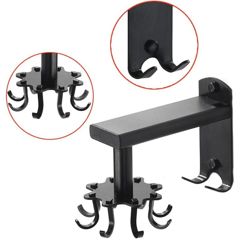 Rotating Wall Hook for Kitchen, 360 Rotatable Kitchen Utensil Holder, Wall Mounted Kitchen Utensil Holder with 8 Hooks for Bathroom and Kitchen, Black