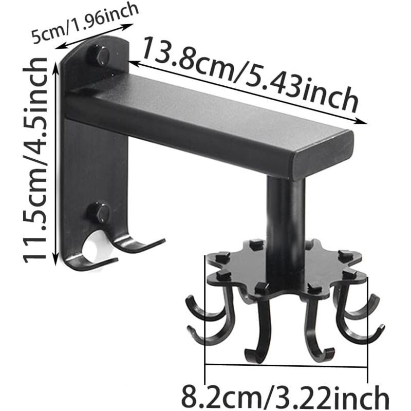 Rotating Wall Hook for Kitchen, 360 Rotatable Kitchen Utensil Holder, Wall Mounted Kitchen Utensil Holder with 8 Hooks for Bathroom and Kitchen, Black