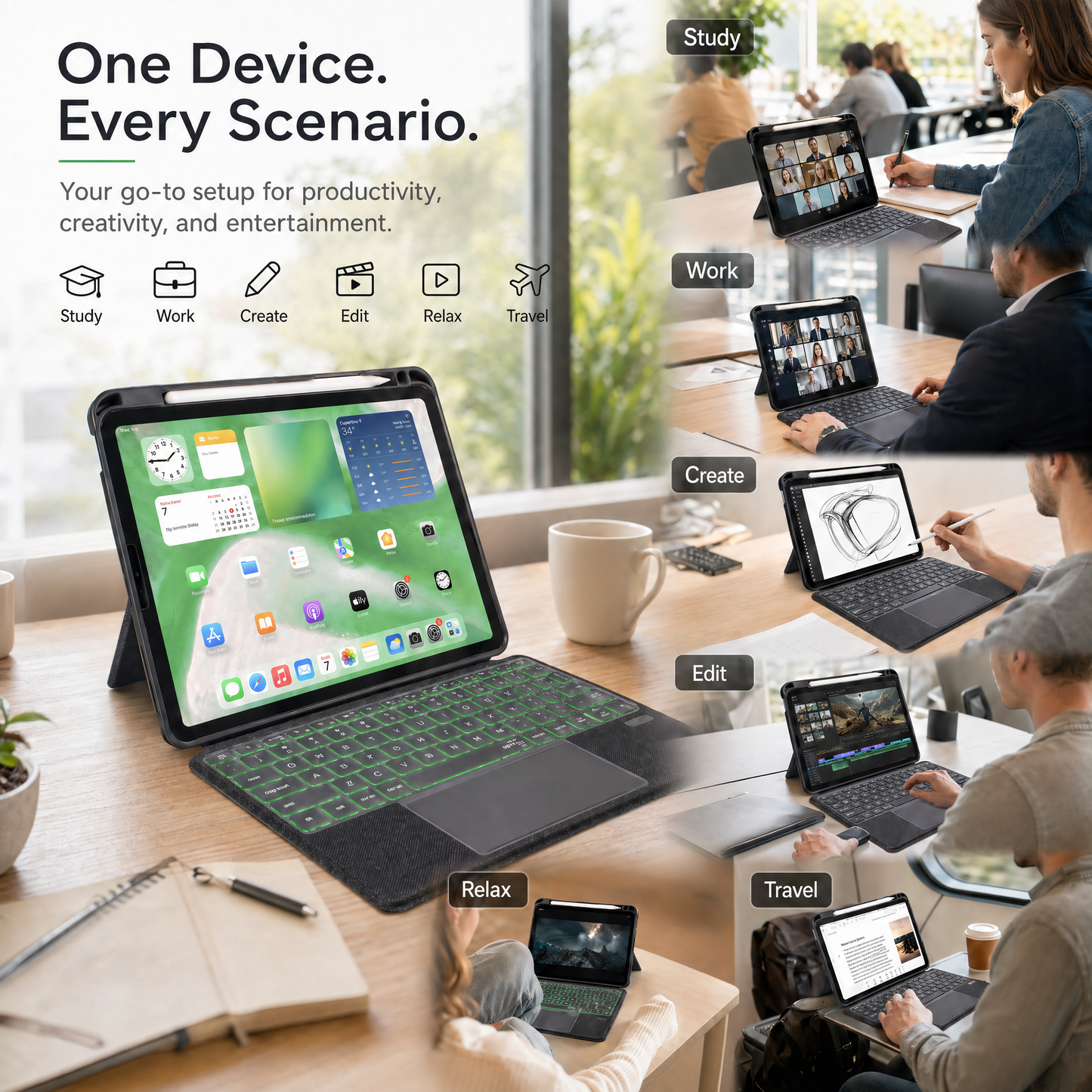 SENYOSON Black iPad Keyboard Case for iPad Air 4th 5th 6th 7th 8th Gen 10.9/11 Inch 2020-2026 & iPad Pro 11 Inch 1st 2nd 3rd 4th 5th 6th Gen 2018-2024, Ultra-Light Magnetic Detachable Keyboard with 7-Color Backlit, Large Precision Trackpad, Writing/Viewin