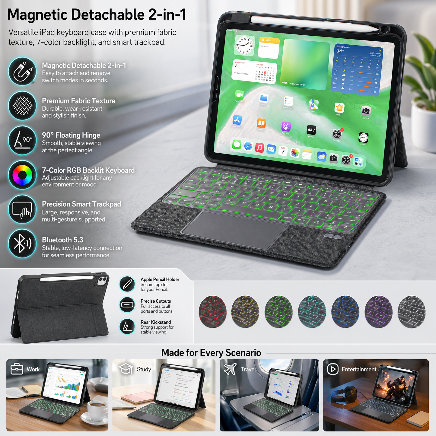 SENYOSON Black iPad Keyboard Case for iPad Air 4th 5th 6th 7th 8th Gen 10.9/11 Inch 2020-2026 & iPad Pro 11 Inch 1st 2nd 3rd 4th 5th 6th Gen 2018-2024, Ultra-Light Magnetic Detachable Keyboard with 7-Color Backlit, Large Precision Trackpad, Writing/Viewin