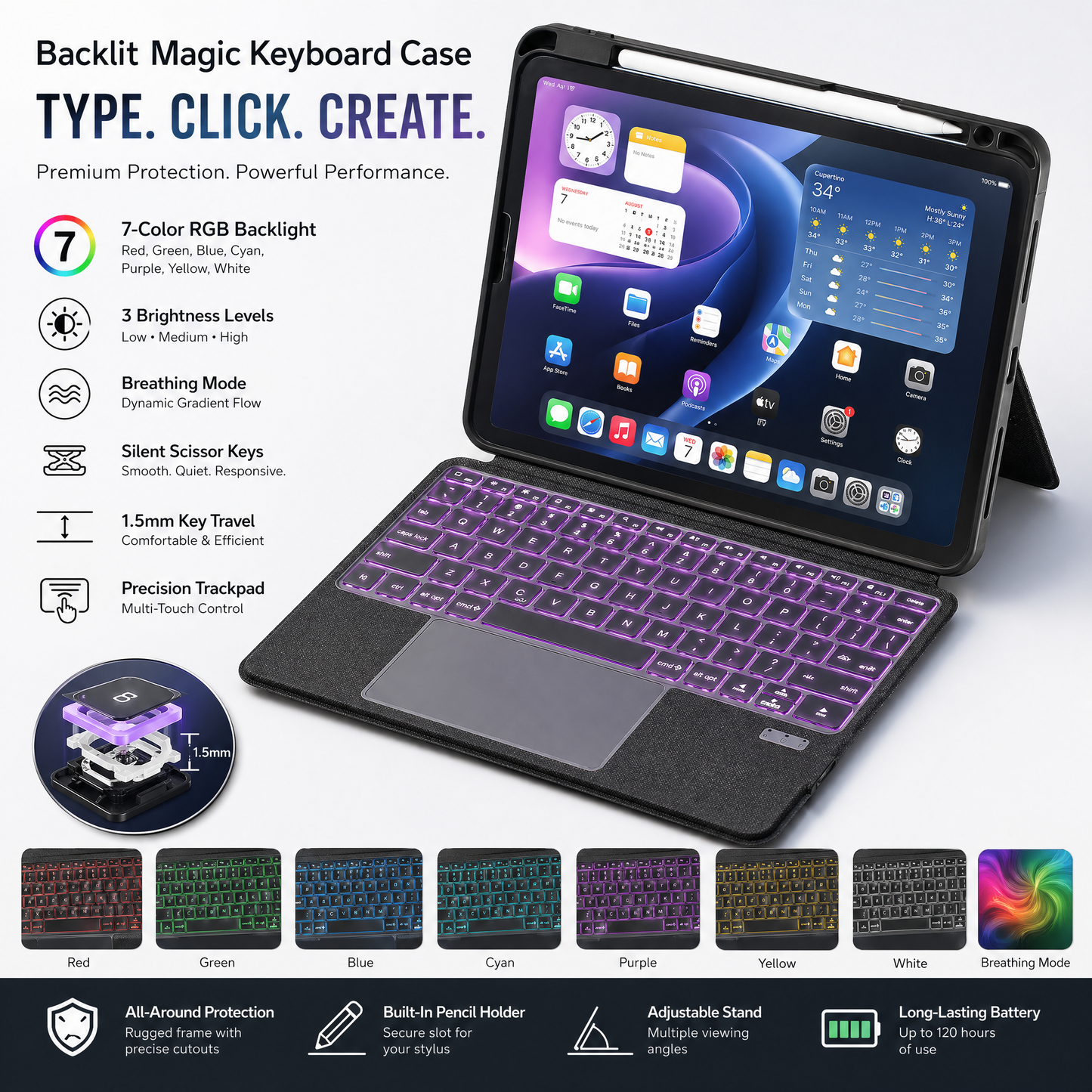 SENYOSON Black iPad Pro Keyboard Case for iPad Pro 12.9 Inch 3rd 4th 5th 6th Gen 2018-2022 & iPad Pro 13 Inch 2nd Gen M5 2025 & iPad Air 13 Inch 6th 7th 8th Gen M2/M3/M4 2024-2026, Ultra-Light Magnetic Detachable Keyboard with 7-Color Backlit, Large Preci