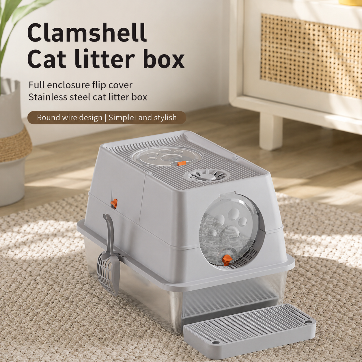 Black Large Stainless Steel Cat Litter Box, Foldable Covered Cat Litter Tray with Square Top & Square Door, Front Entry Top Exit, Anti Tracking Mat, Scoop and Charcoal Filter