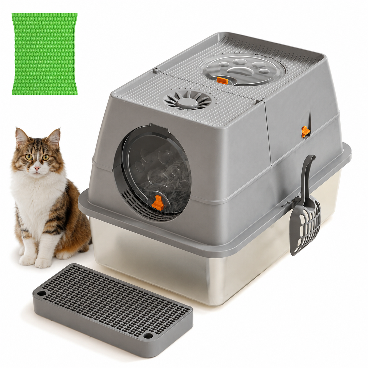Dark Grey Extra Large Stainless Steel Cat Litter Box, Foldable Covered Cat Litter Tray with Round Top & Round Door, Front Entry Top Exit, Anti Tracking Mat, Scoop and Charcoal Filter