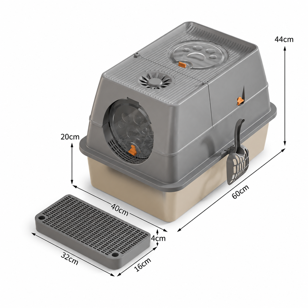 Dark Grey Large Stainless Steel Cat Litter Box, Foldable Covered Cat Litter Tray with Square Top & Square Door, Front Entry Top Exit, Anti Tracking Mat, Scoop and Charcoal Filter