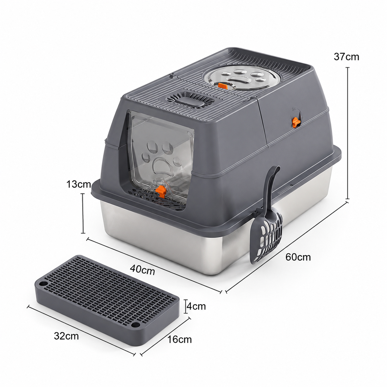 Dark Grey Large Stainless Steel Cat Litter Box, Foldable Covered Cat Litter Tray with Round Top & Square Door, Front Entry Top Exit, Anti Tracking Mat, Scoop and Charcoal Filter