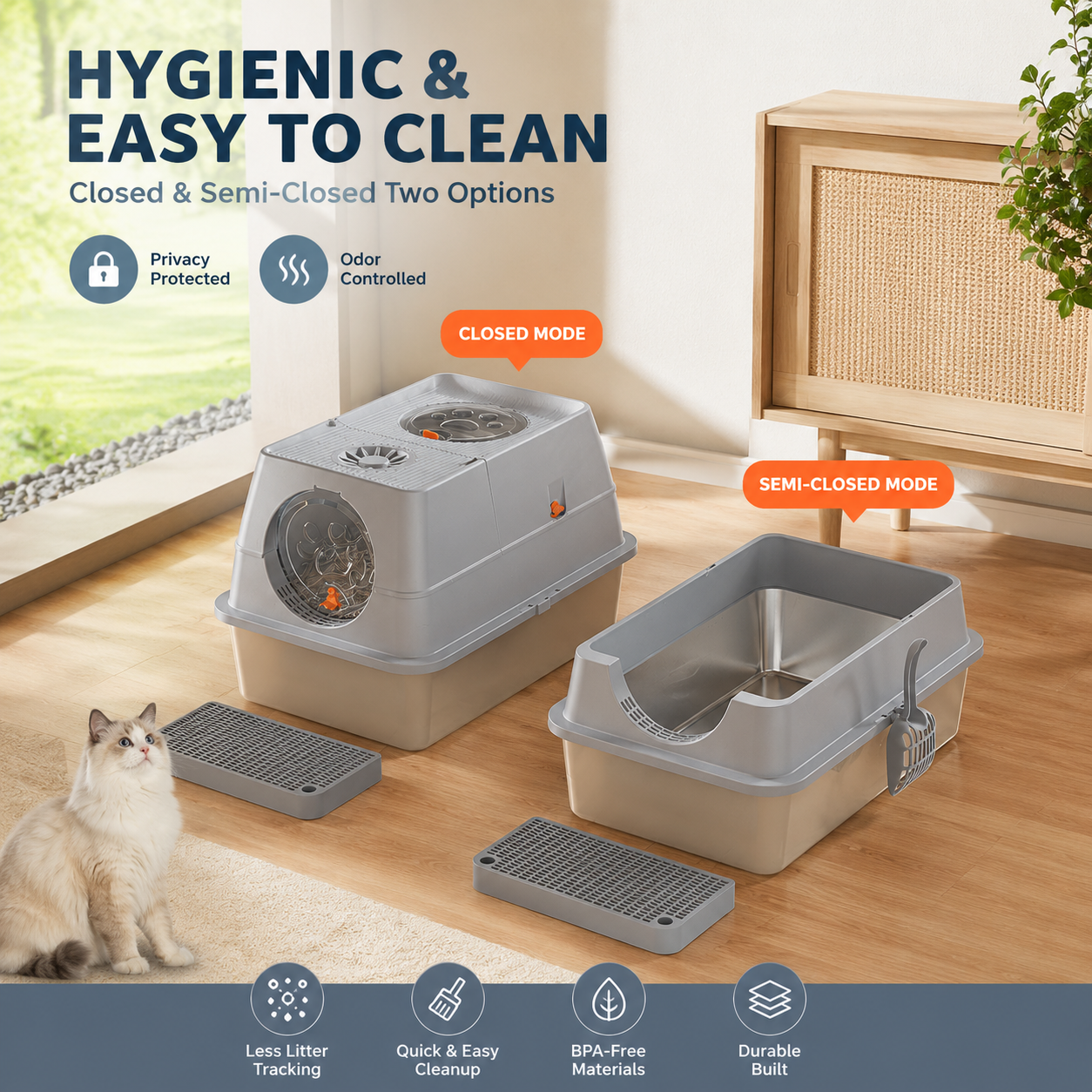 Dark Grey Large Stainless Steel Cat Litter Box, Foldable Covered Cat Litter Tray with Round Top & Square Door, Front Entry Top Exit, Anti Tracking Mat, Scoop and Charcoal Filter