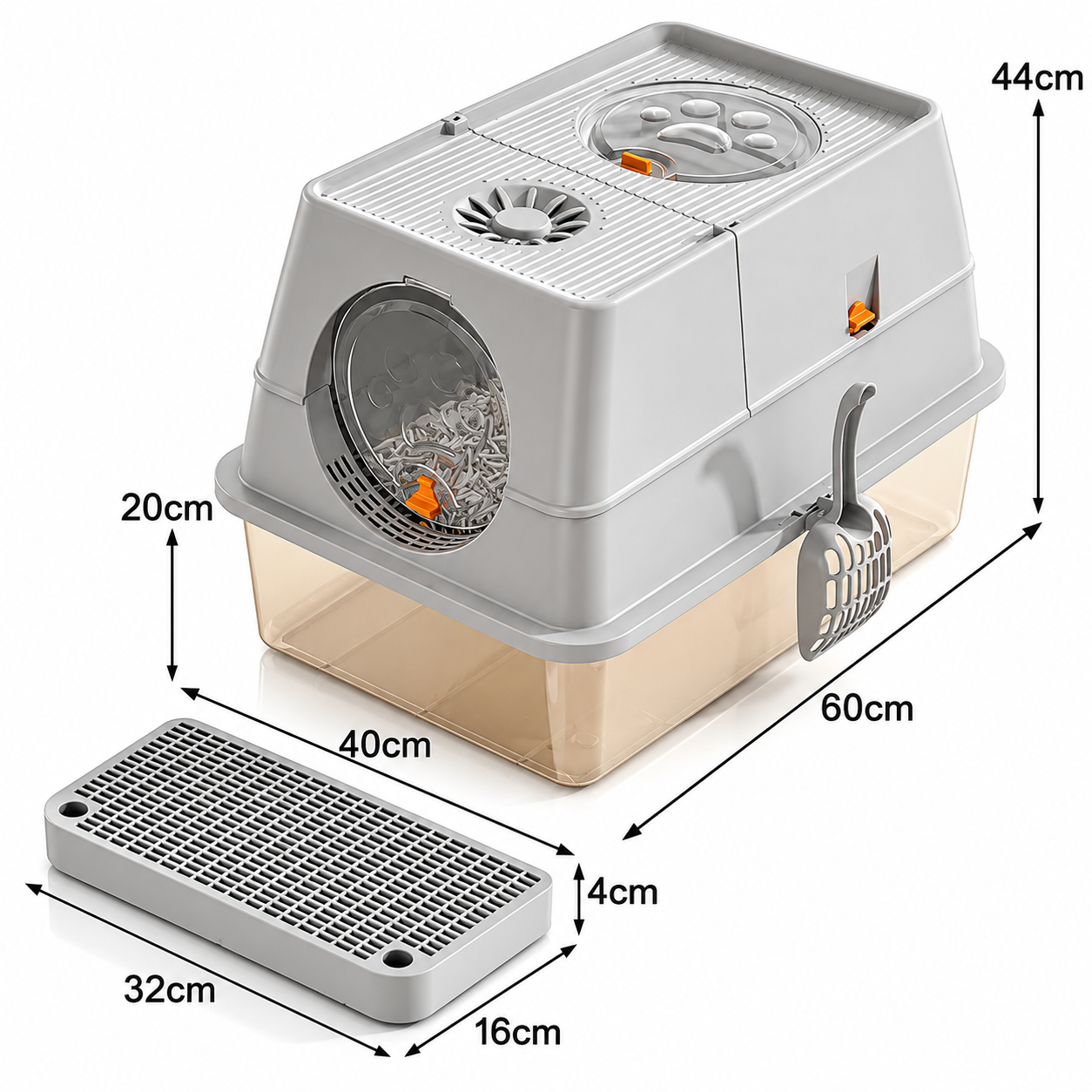Light Grey Extra Large Stainless Steel Cat Litter Box, Foldable Covered Cat Litter Tray with Round Top & Round Door, Front Entry Top Exit, Anti Tracking Mat, Scoop and Charcoal Filter