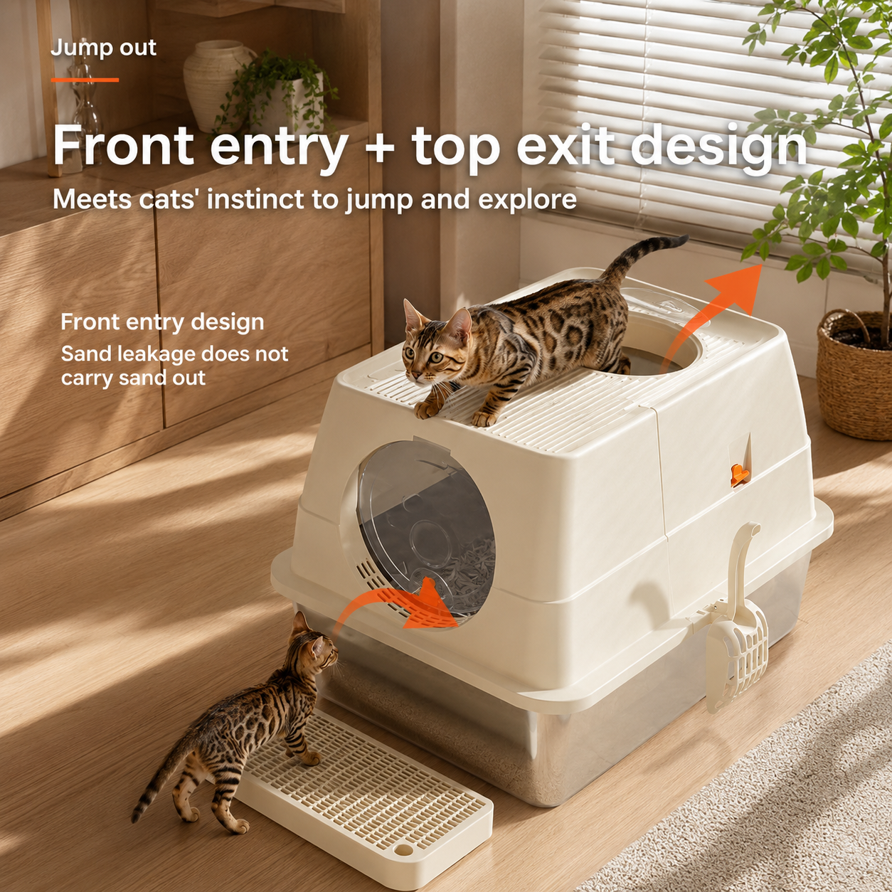 Light Grey Extra Large Stainless Steel Cat Litter Box, Foldable Covered Cat Litter Tray with Round Top & Round Door, Front Entry Top Exit, Anti Tracking Mat, Scoop and Charcoal Filter