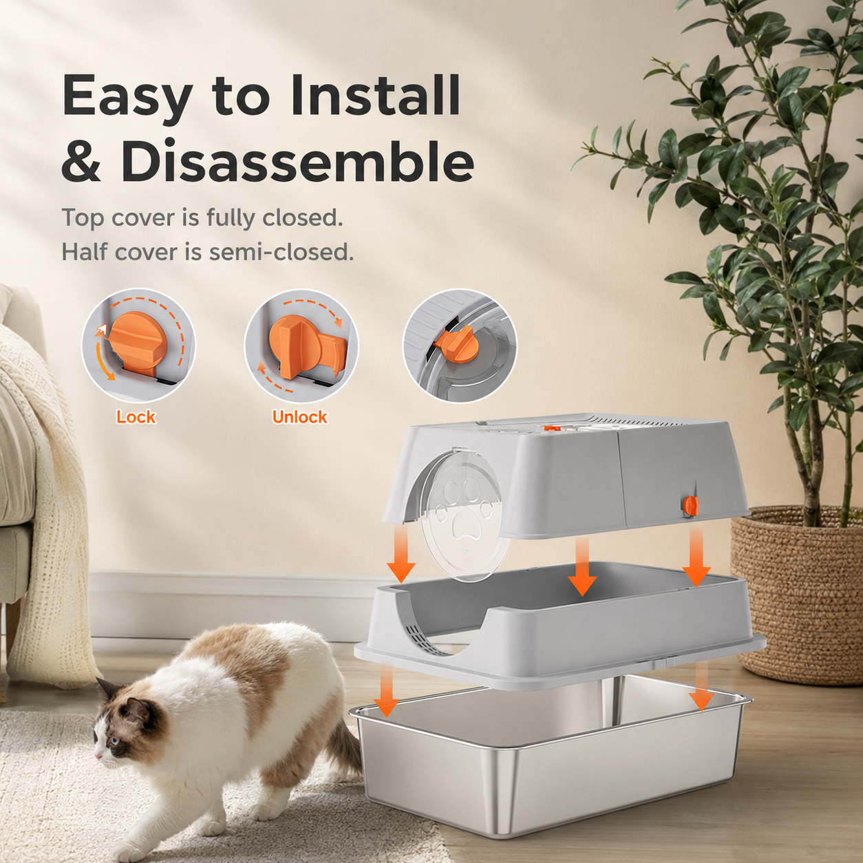 Light Grey Extra Large Stainless Steel Cat Litter Box, Foldable Covered Cat Litter Tray with Round Top & Round Door, Front Entry Top Exit, Anti Tracking Mat, Scoop and Charcoal Filter