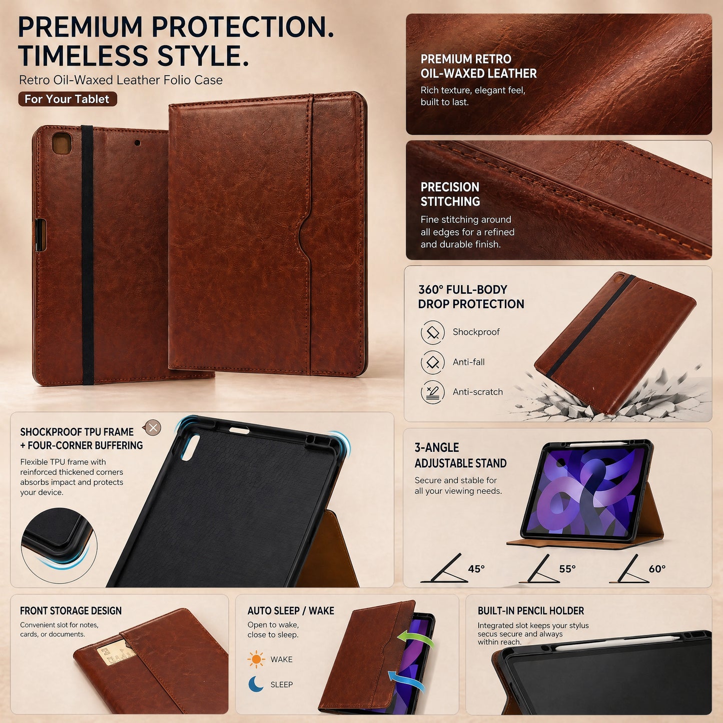 SENYOSON Brown iPad Case for iPad Pro 12.9" 3rd 4th 5th 6th Gen 2018-2022 & iPad Pro 13" 2nd Gen M5 2025 & iPad Air 13" 6th 7th 8th Gen M2/M3/M4 2024-2026, Premium Leather Folio Stand Cover with Pencil Holder