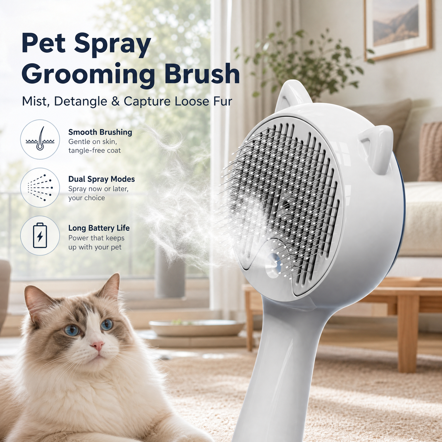 Pink Pet Spray Grooming Brush for Cats and Dogs, Rechargeable Self Cleaning Slicker Brush with Fine Mist, 30ml Water Tank, 500mAh Battery, One Click Fur Release, Type-C Charging