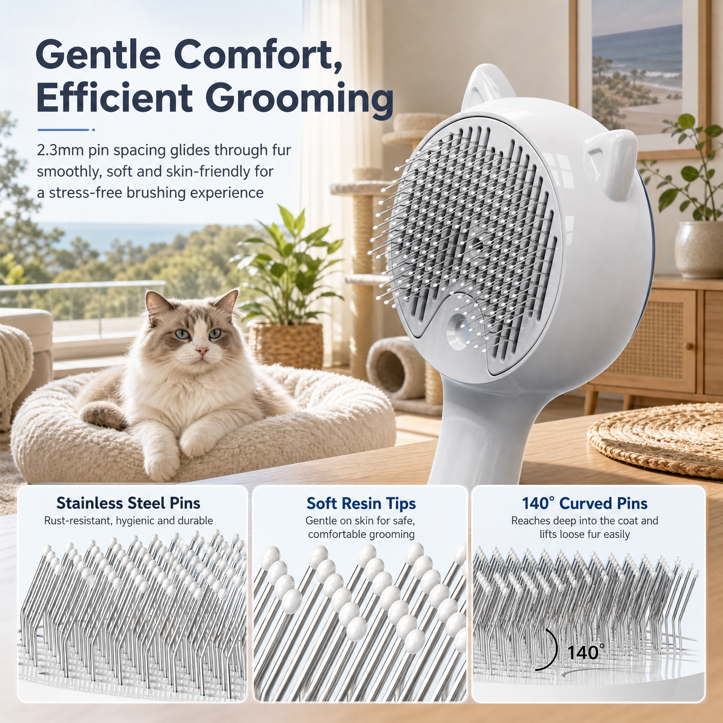 White Pet Spray Grooming Brush for Cats and Dogs, Rechargeable Self Cleaning Slicker Brush with Fine Mist, 30ml Water Tank, 500mAh Battery, One Click Fur Release, Type-C Charging