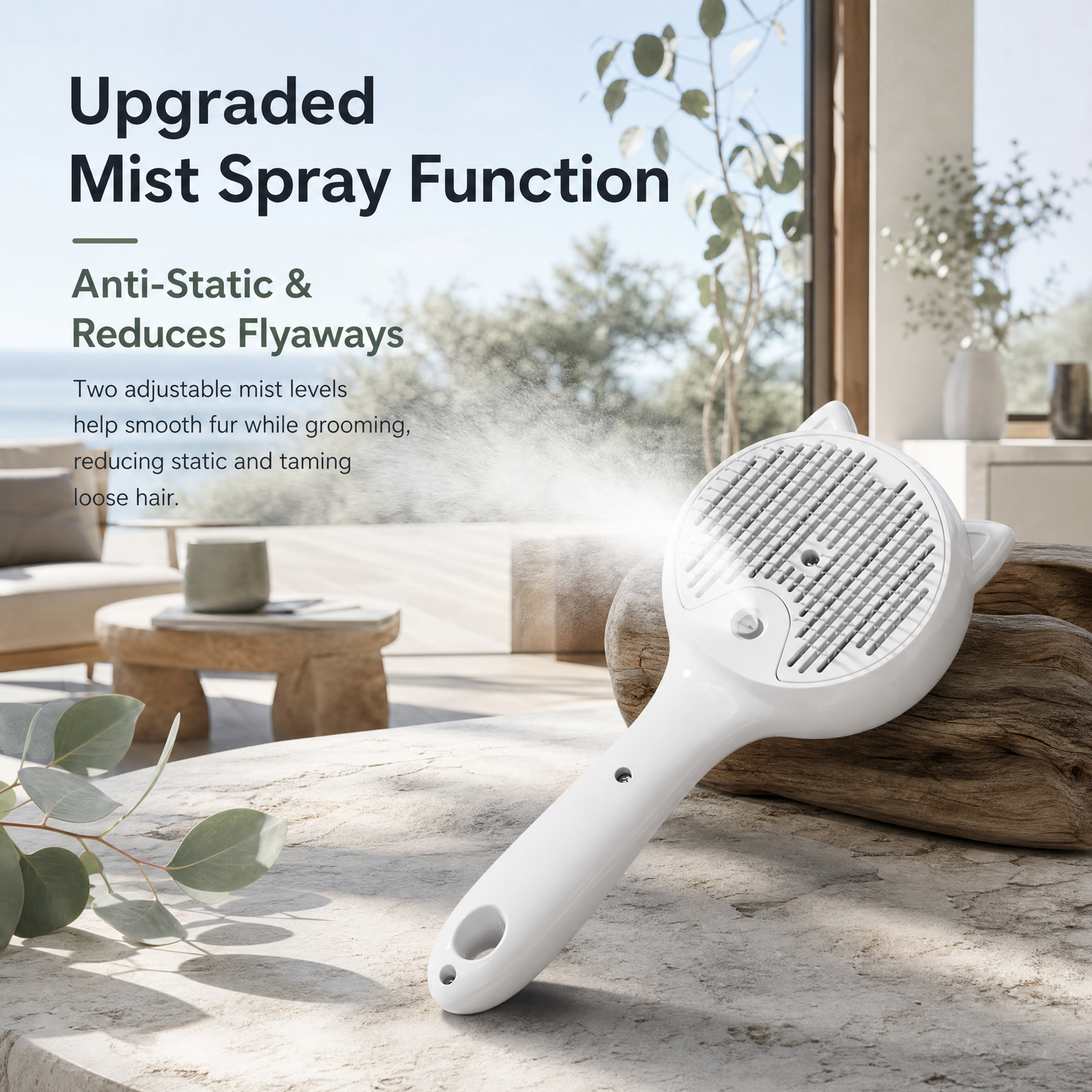 White Pet Spray Grooming Brush for Cats and Dogs, Rechargeable Self Cleaning Slicker Brush with Fine Mist, 30ml Water Tank, 500mAh Battery, One Click Fur Release, Type-C Charging