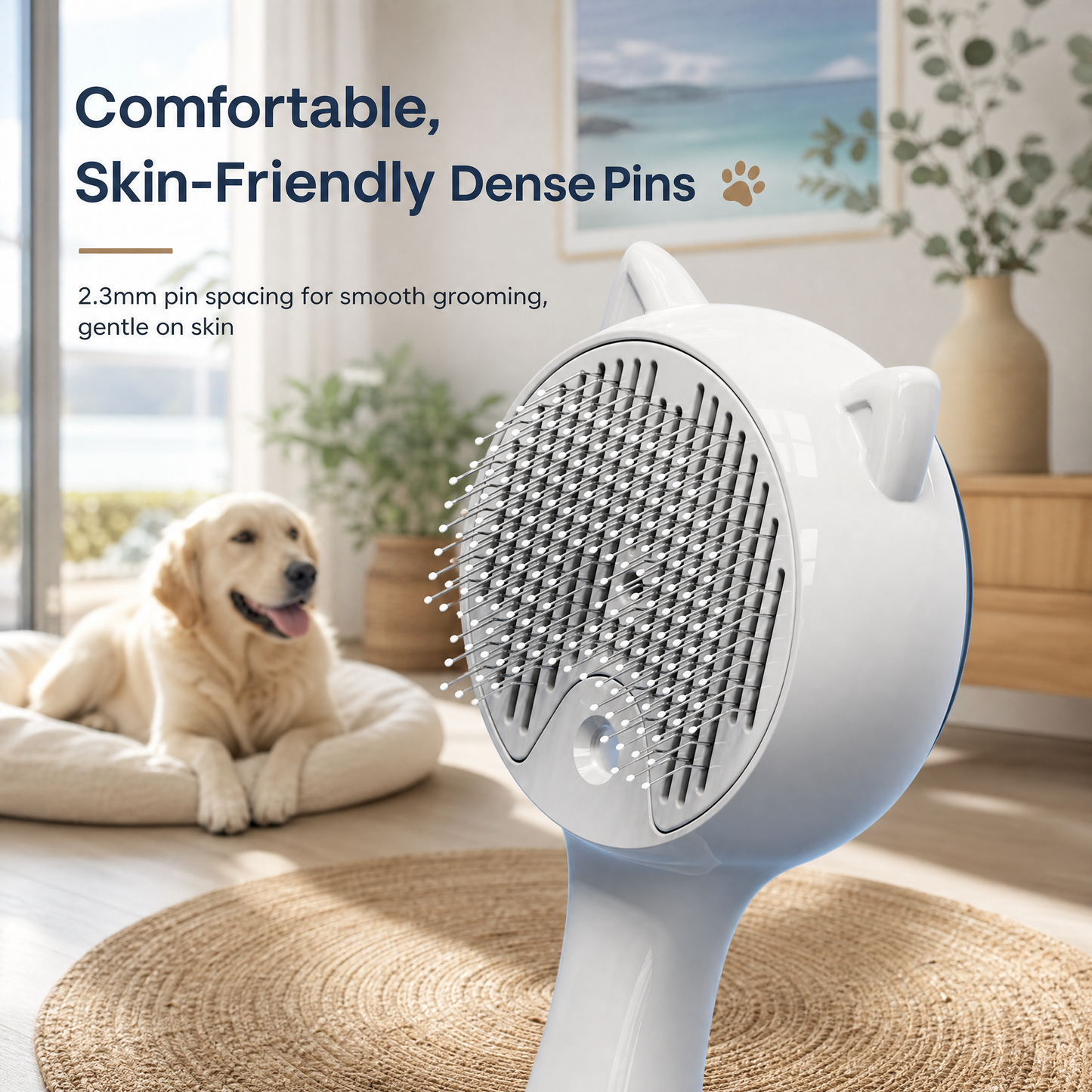 White Pet Spray Grooming Brush for Cats and Dogs, Rechargeable Self Cleaning Slicker Brush with Fine Mist, 30ml Water Tank, 500mAh Battery, One Click Fur Release, Type-C Charging