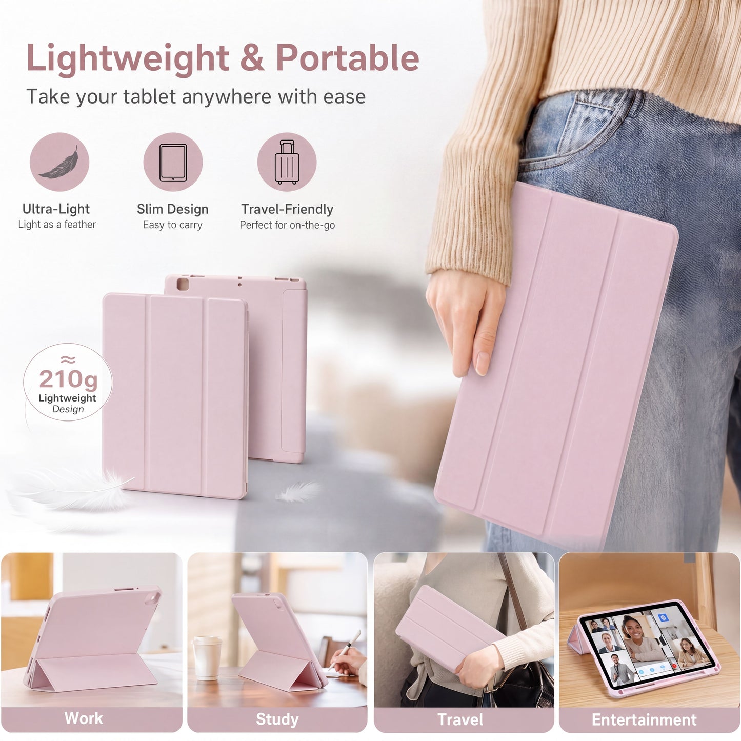SENYOSON Pink iPad Case for 9.7 Inch iPad 5th/6th Generation & iPad Air 2, Lightweight Slim Soft TPU Trifold Stand Smart Cover with Pencil Holder, Auto Wake/Sleep