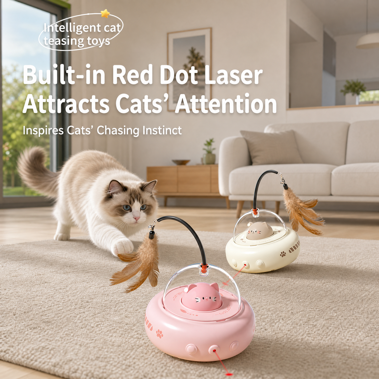 Pink Smart Cat Teaser Toy Rechargeable Interactive Cat Toy with Red Dot Light, Feather Wand, Obstacle Avoidance, Touch Wake-Up, Auto Standby, Soft Rubber Wheels, Cute Cat Design for Indoor Cats