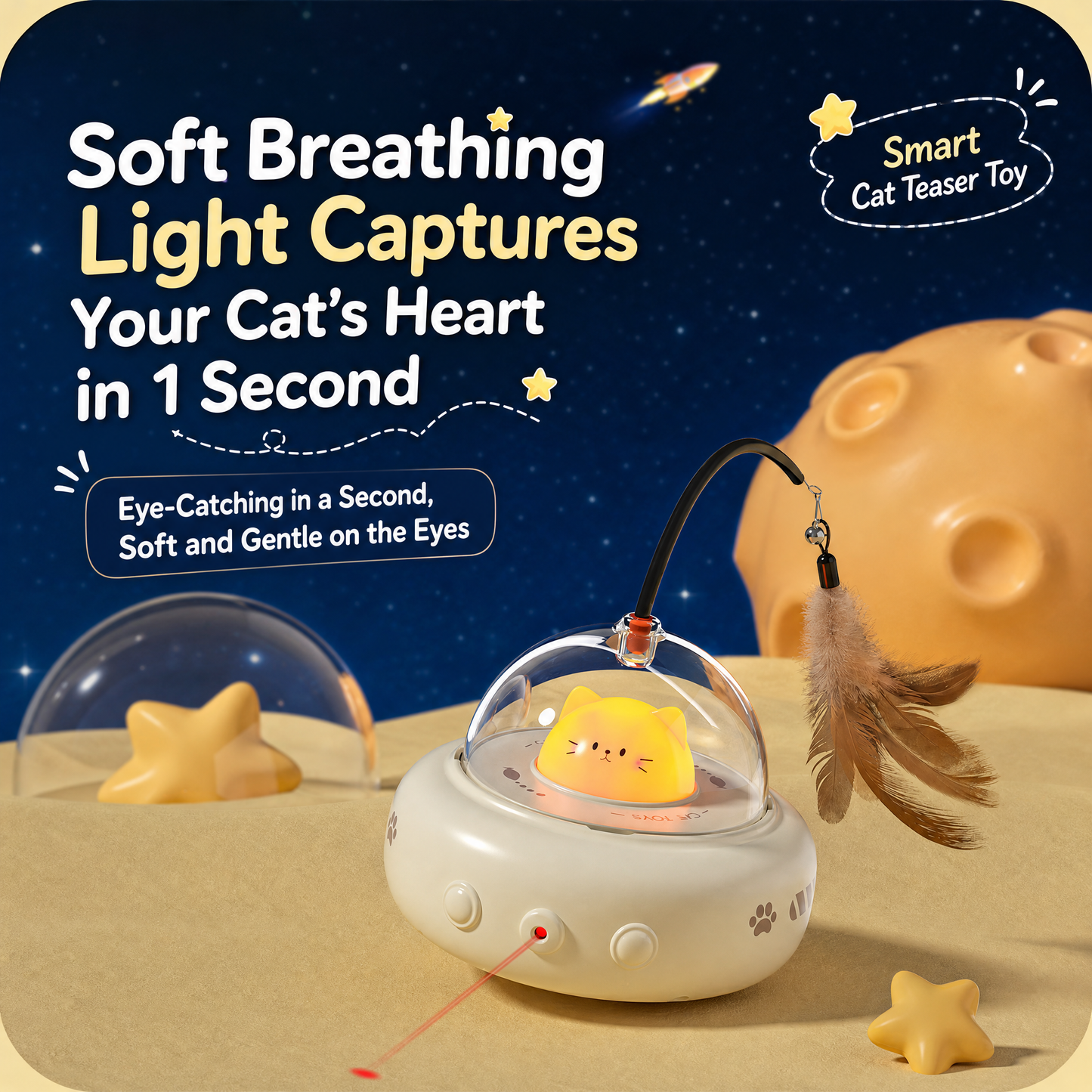 White Smart Cat Teaser Toy Rechargeable Interactive Cat Toy with Red Dot Light, Feather Wand, Obstacle Avoidance, Touch Wake-Up, Auto Standby, Soft Rubber Wheels, Cute Cat Design for Indoor Cats