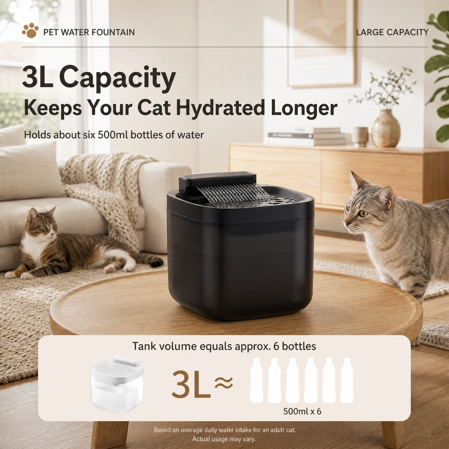Black Cat Water Fountain 3L, Wired Pet Water Dispenser for Cats & Small Dogs, Waterfall-Style Quiet Drinking Fountain with Filter, Easy-Clean ABS+PP Bowl, 5V 1A