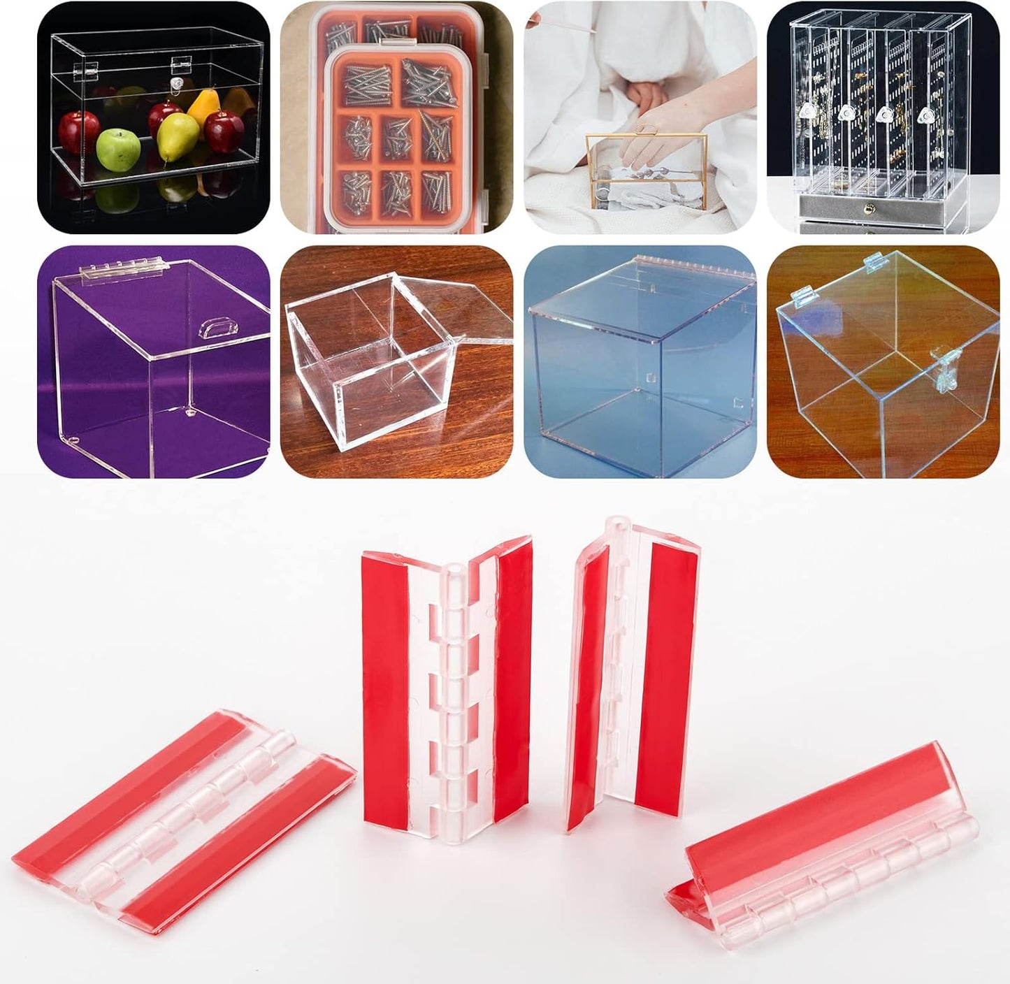 4 Pcs Acrylic Hinge 75x45 mm,Transparent Plastic Continuous Piano Hinge,Self-Adhesive,Suitable for DIY Drawer Cabinet Furniture Display Stand (4 Pcs-75x45 mm)