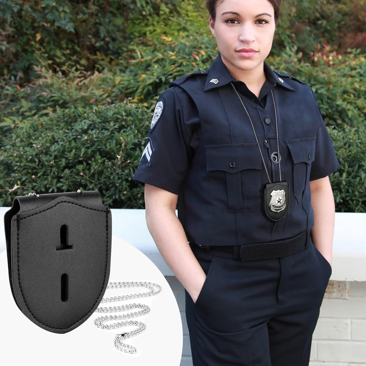 1 Pack Sheriff Badge Shield Holder with Faux Leather Wrapped Heavy Duty Steel Belt Clip with Stainless Steel Necklace, Universal, Black, Deputy Badge Holder, 8x3 inch (1 Pack)