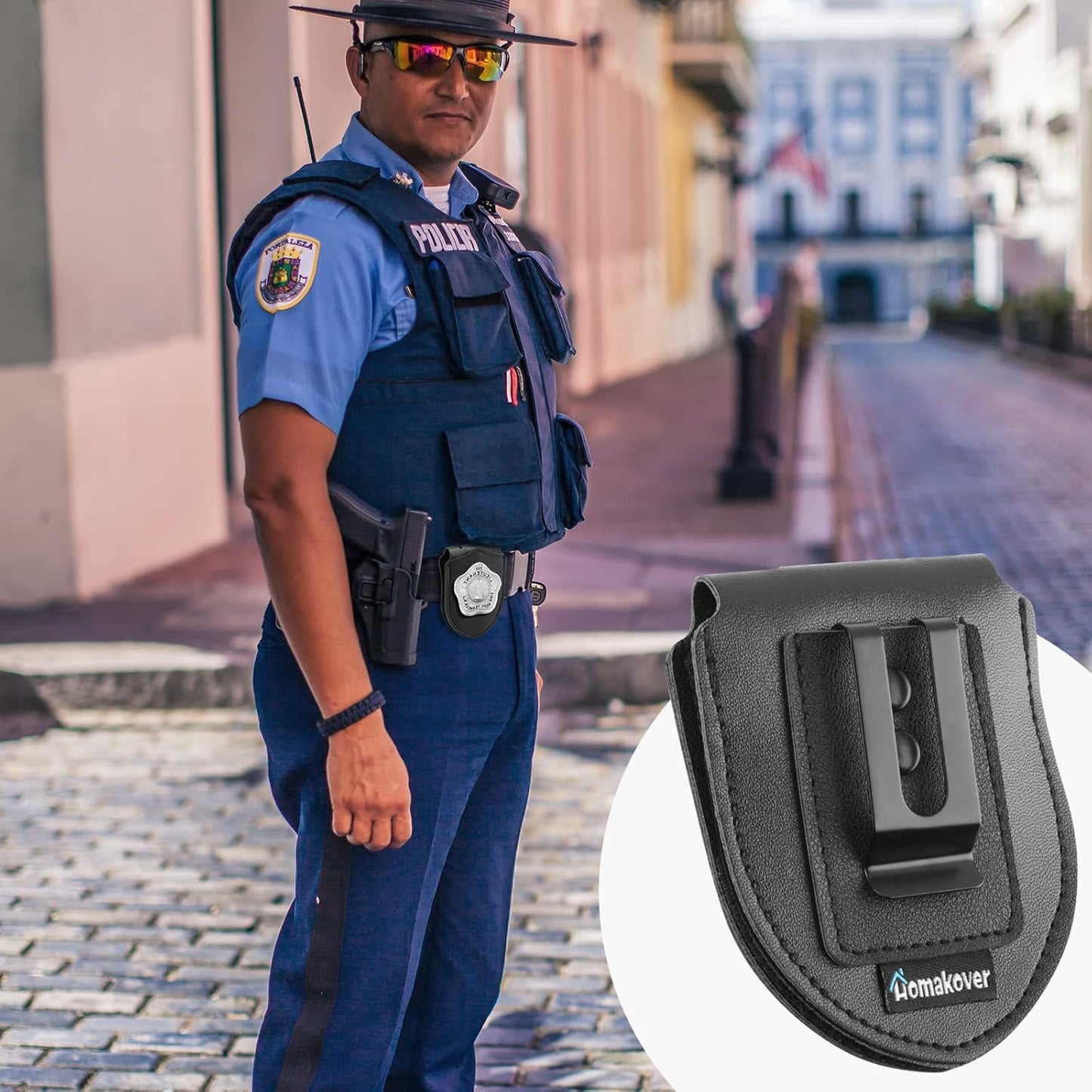 1 Pack Sheriff Badge Shield Holder with Faux Leather Wrapped Heavy Duty Steel Belt Clip with Stainless Steel Necklace, Universal, Black, Deputy Badge Holder, 8x3 inch (1 Pack)