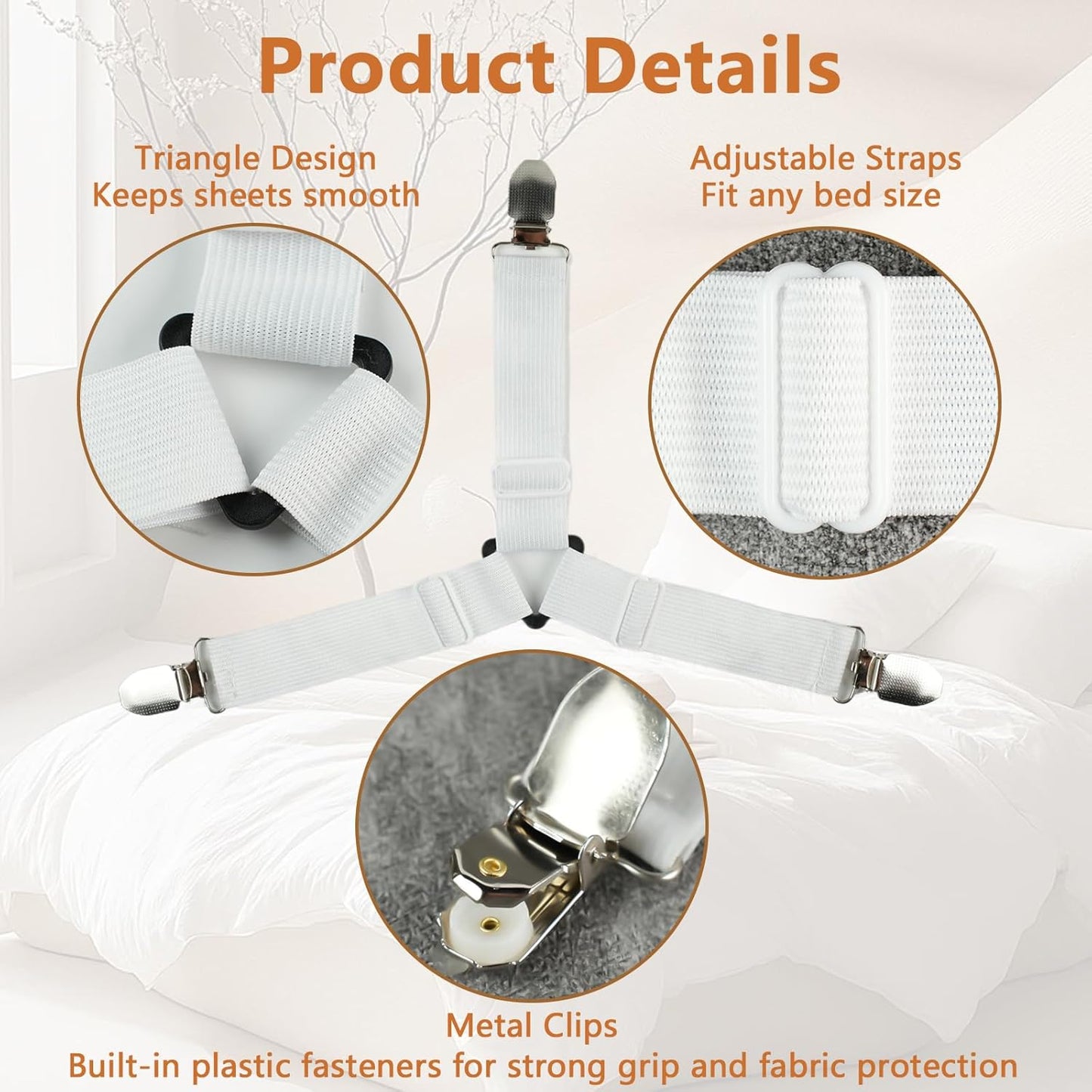 4PCS Bed Sheet Straps with l Clips, Adjustable Elastic Fitted Sheet Holders for Corners, Keep Bedding Wrinkle-Free, Easy to Install Durable Fasteners, Mattresses (White)