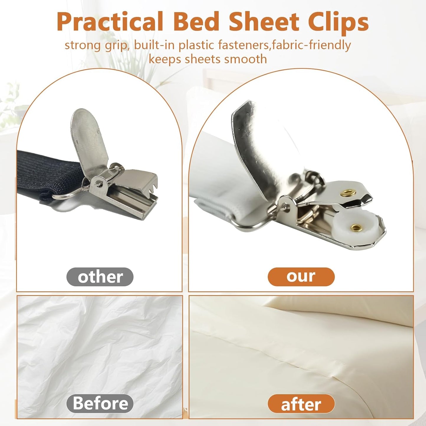 4PCS Bed Sheet Straps with l Clips, Adjustable Elastic Fitted Sheet Holders for Corners, Keep Bedding Wrinkle-Free, Easy to Install Durable Fasteners, Mattresses (White)
